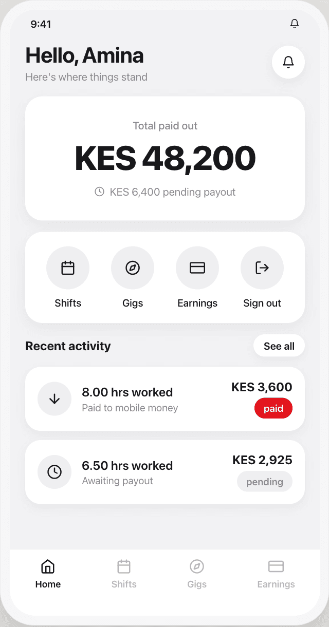 Glonax Rota app showing a hire's earnings and recent shifts
